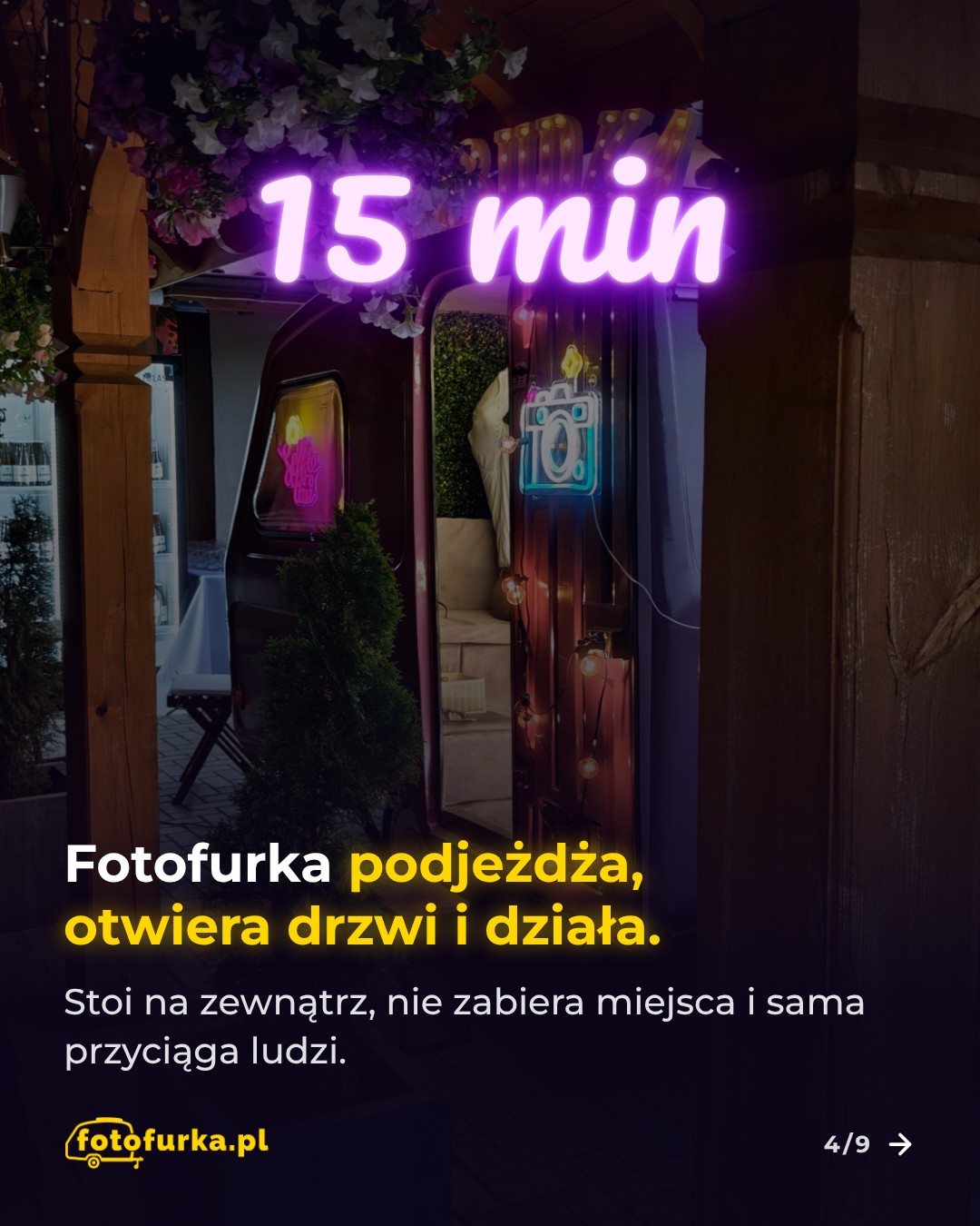 15 min – Fotofurka podjeżdża, otwiera drzwi i działa. Stoi na zewnątrz, nie zabiera miejsca i sama przyciąga ludzi.