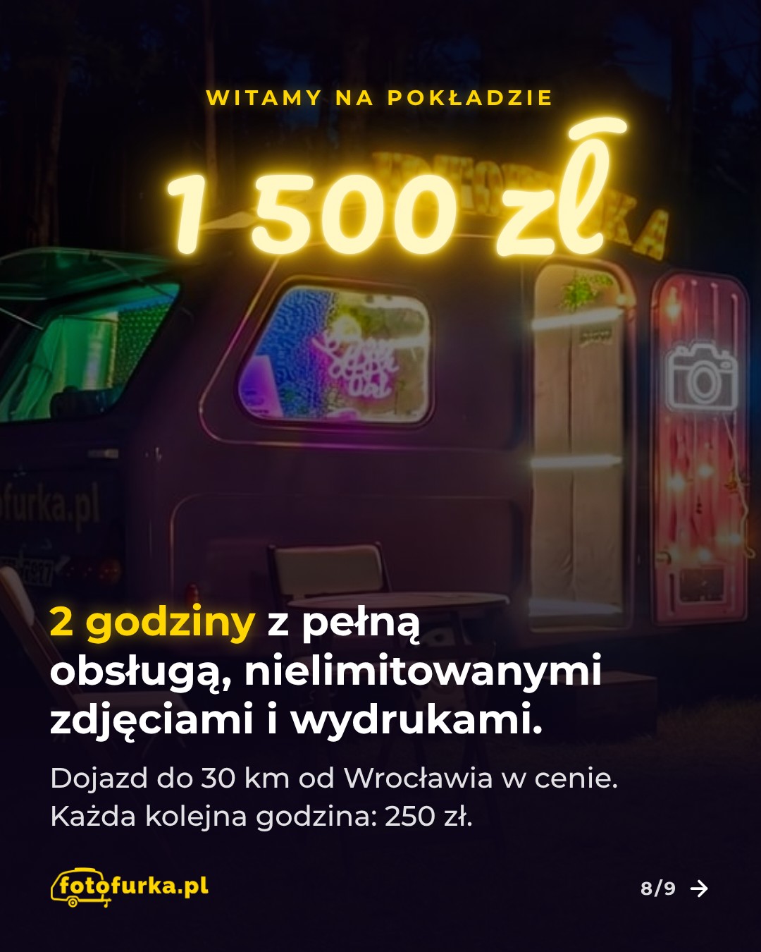 Witamy na pokładzie – 1 500 zł – 2 godziny z pełną obsługą, nielimitowanymi zdjęciami i wydrukami. Dojazd do 30 km od Wrocławia w cenie. Każda kolejna godzina: 250 zł.